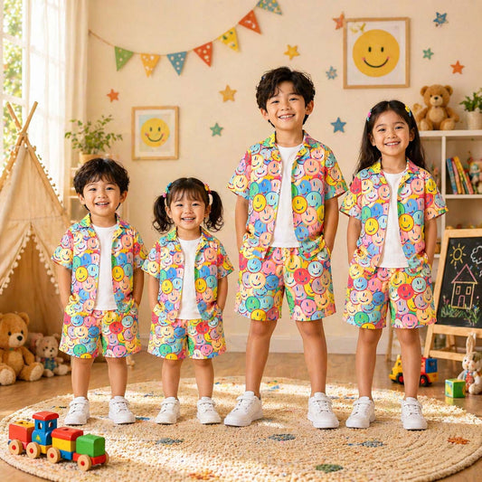 Multi-Colour Smiley Style All-Over 3D Printed 2-Pcs Summer Suit For Kids. D-7