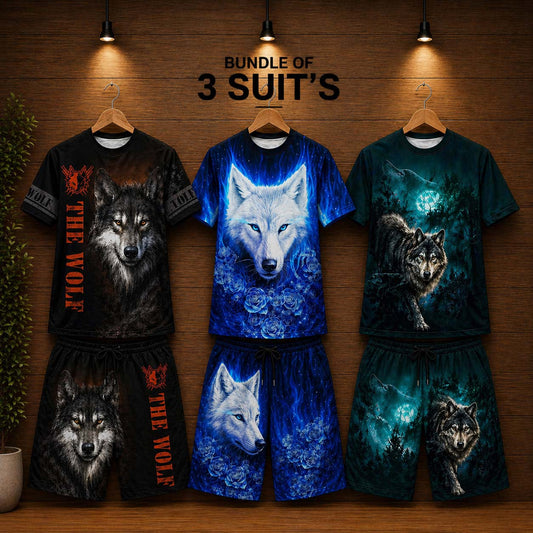 3D Wolf Style Bundle Of 3 Casual Wear 2-Pcs Summer Suit. Deal-06 (Clearance-Sale)