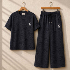Heart Textured Horse Logo Printed Style Western 2-Pcs Summer Tracksuit For Her. WSTS-08 V2