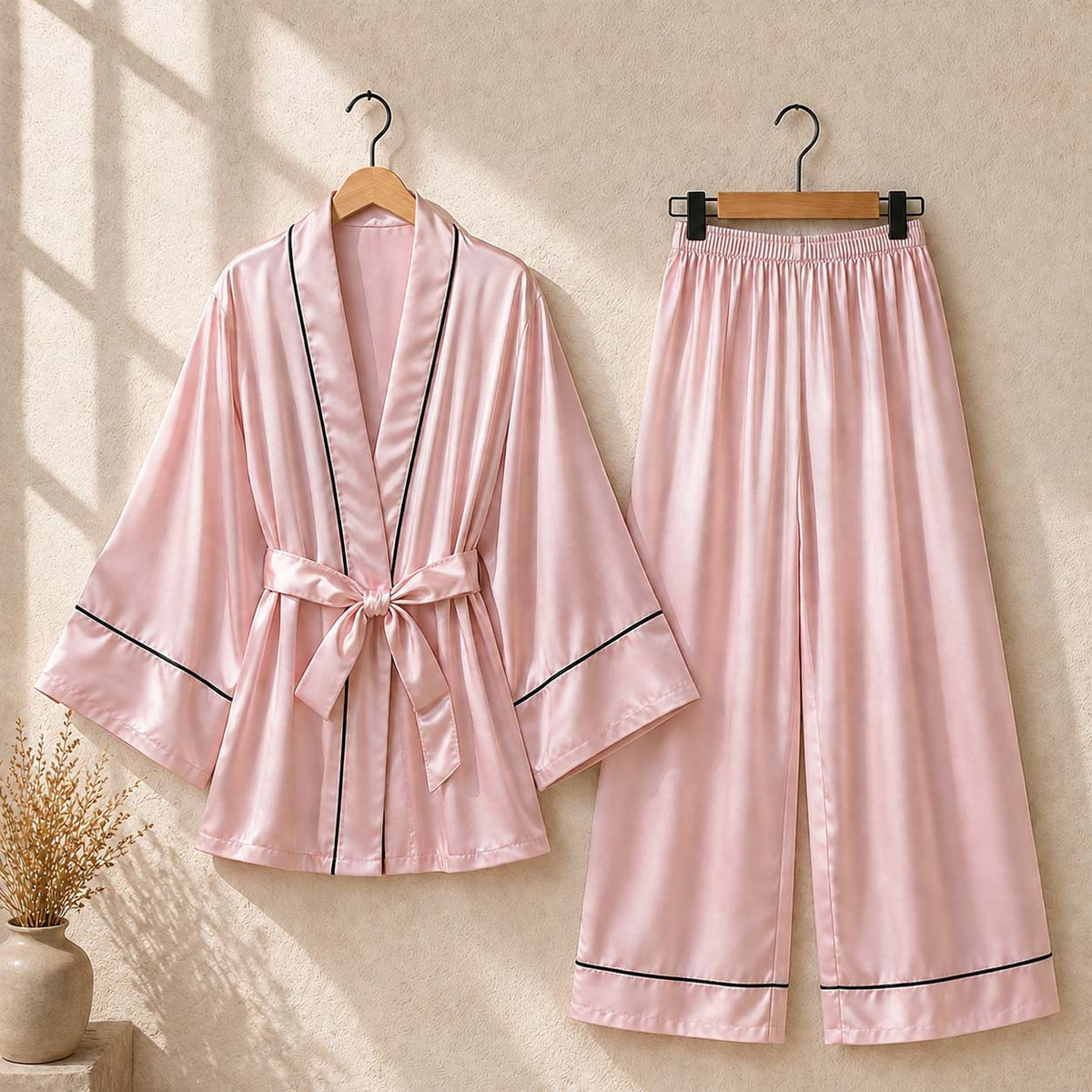 Imported Tipping-Gown Style 2-Pcs Silk Nightsuit. (Gown-Pajama)