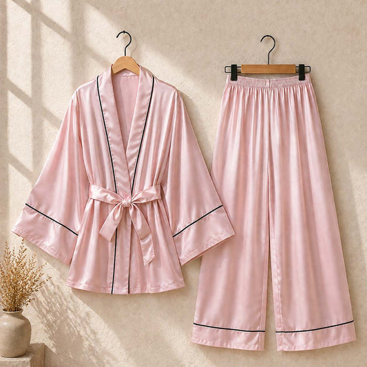 Imported Tipping-Gown Style 2-Pcs Silk Nightsuit. (Gown-Pajama)