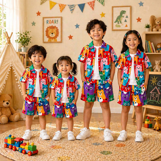 MultiColour Kitten Style All-Over 3D Printed 2-Pcs Summer Suit For Kids. D-3