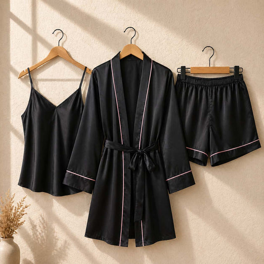 Imported Gown Style 3-Pcs Silk Nightsuit. (Gown-Inner-Short)