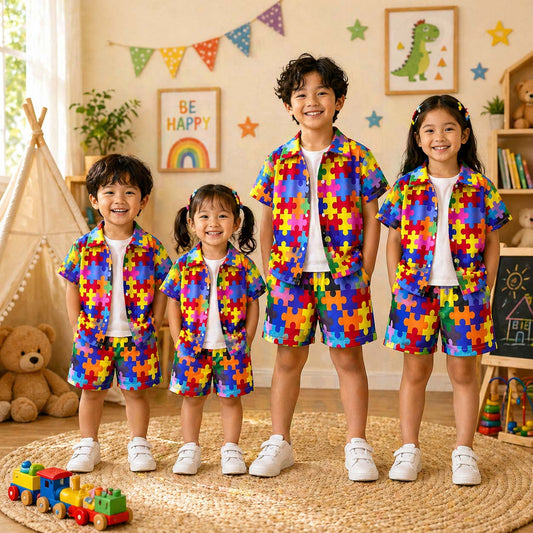 Rainbow Puzzle Style All-Over 3D Printed 2-Pcs Summer Suit For Kids. D-4