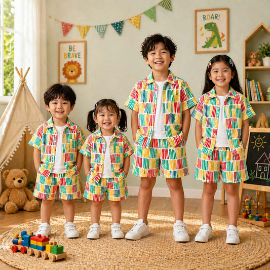 Multi-Colour 6-Lining Style All-Over 3D Printed 2-Pcs Summer Suit For Kids. D-5