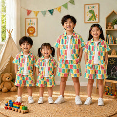 Multi-Colour 6-Lining Style All-Over 3D Printed 2-Pcs Summer Suit For Kids. D-5