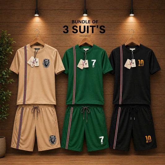 Side Stripe Style Bundle Of 3 Casual Wear 2-Pcs Summer Suit. Deal-09 (Clearance-Sale)