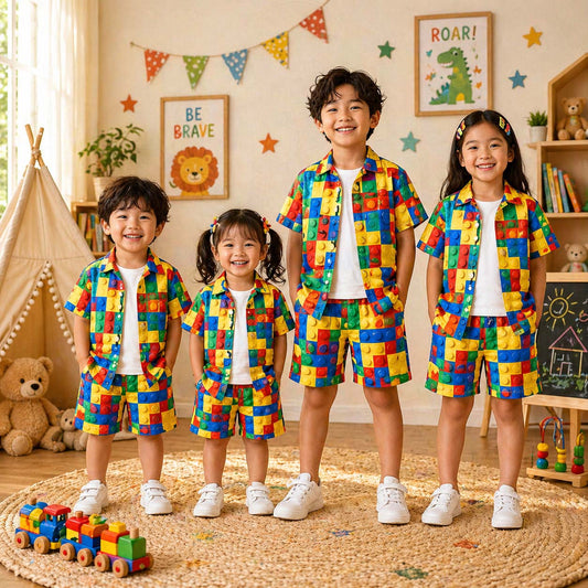 Square Box Puzzle Style All-Over 3D Printed 2-Pcs Summer Suit For Kids. D-8