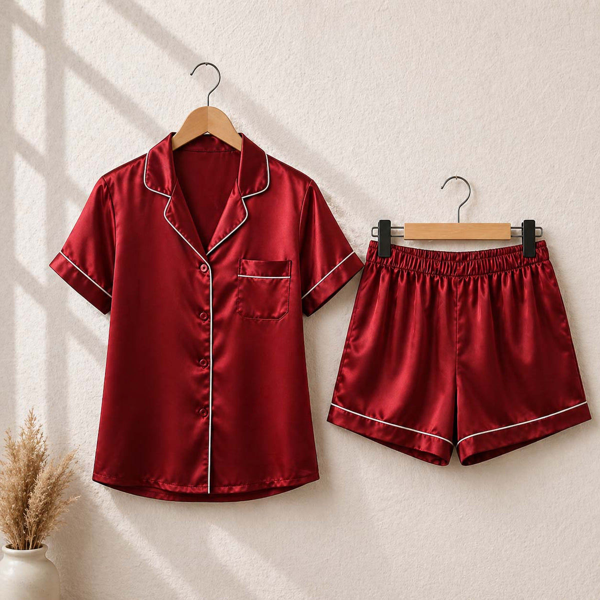 Imported Regular Style 2-Pcs Silk Nightsuit. (H-Sleeve+Short)