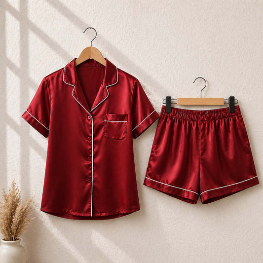 Imported Regular Style 2-Pcs Silk Nightsuit. (H-Sleeve+Short)