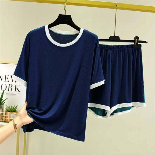 Contrast Neck Short Style 2-Pcs Summer Launge & Night Wear Suit.