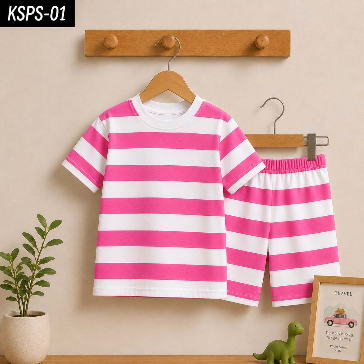 Pink Stripe Style Printed 2-Pcs Summer Suit For Baby & Baba. KSPS-01 V2