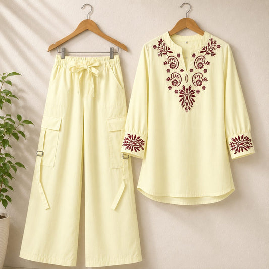 Cotton Embroidered Western Shirt & Cargo Style 2-Pcs Stiched Co-Ord Set. KML-05