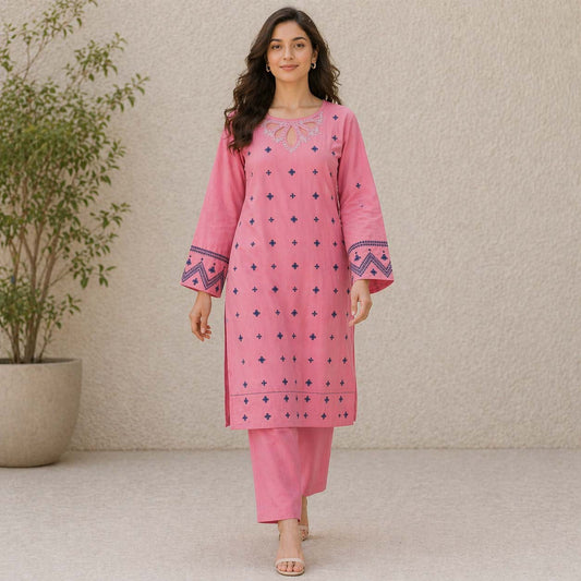 Trendy Neck Peach Contrast Thread Embroidery Style Long 2-Pcs Stiched Suit.