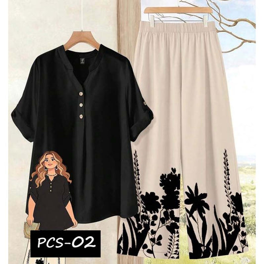 Binara Printed Western Shirt Style 2-Pcs Stiched Co-Ord Set. PCS-02