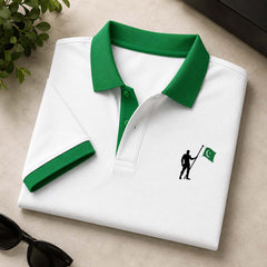 White Contrast Collar Style Hold Flag Logo Printed Azadi Polo Tshirt. V3
