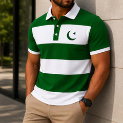Green Patch-Work Contrast Collar Style CT Logo Printed Azadi Polo Tshirt. A14-01