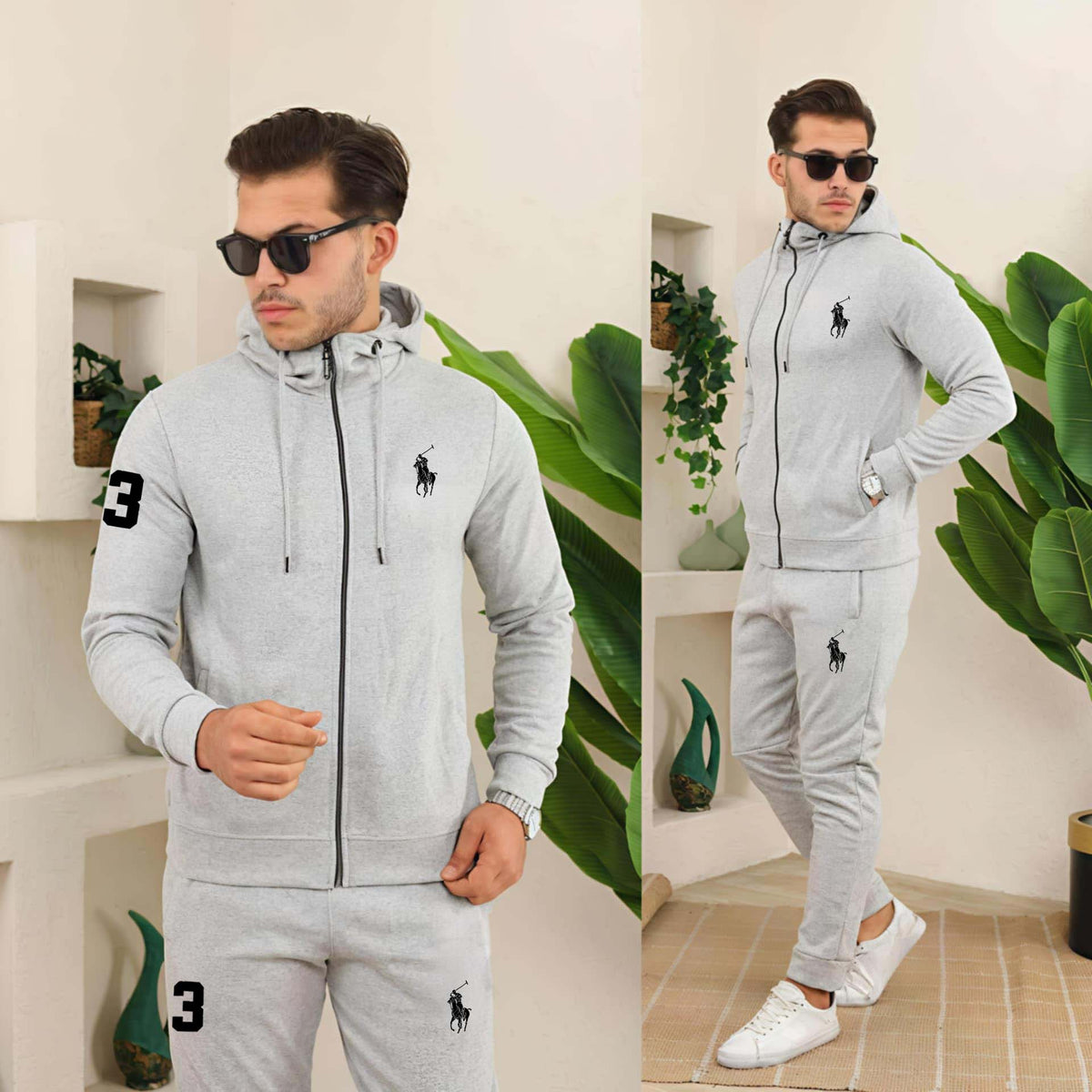 Grey RL Printed Zipper Style 2-Pcs Premium Quality Winter Tracksuit D-12.