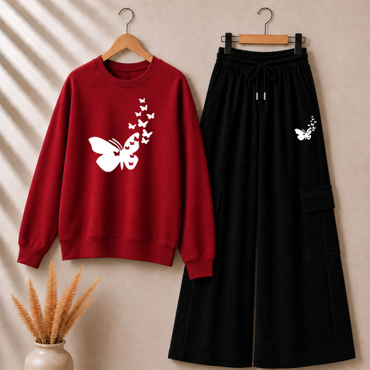 Red Butterfly Printed Sweat Style Tshirt & Cargo Trouser 2-Pcs Summer Tracksuit. D-7
