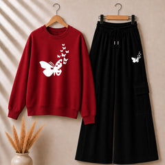 Red Butterfly Printed Sweat Style Tshirt & Cargo Trouser 2-Pcs Summer Tracksuit. D-7