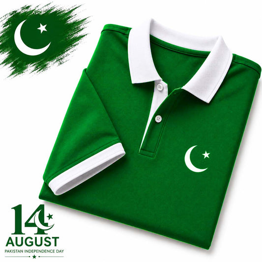 Green Contrast Collar Style CT Logo Printed Azadi Polo Tshirt. V2