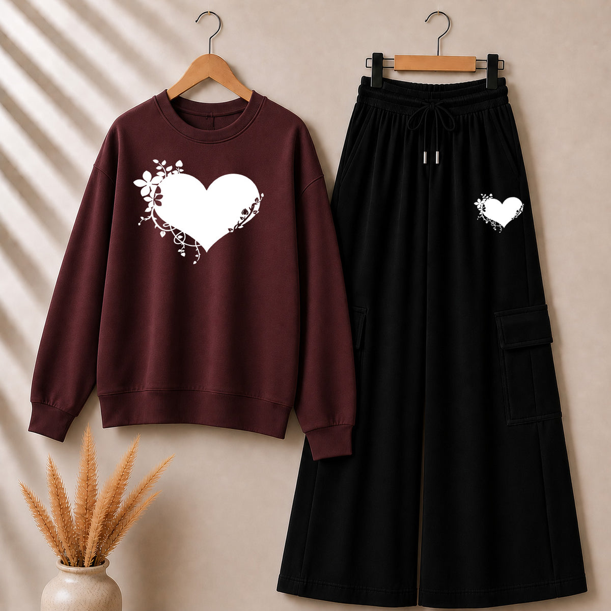 Maroon Heart Printed Sweat Style Tshirt & Cargo Trouser 2-Pcs Summer Tracksuit. D-7