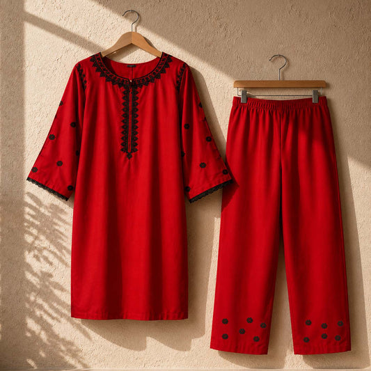 Tomato Pocket Style Thread Embroidery 2-Pcs Stiched Suit. V2