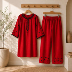 Tomato Pocket Style Thread Embroidery 2-Pcs Stiched Suit. V3