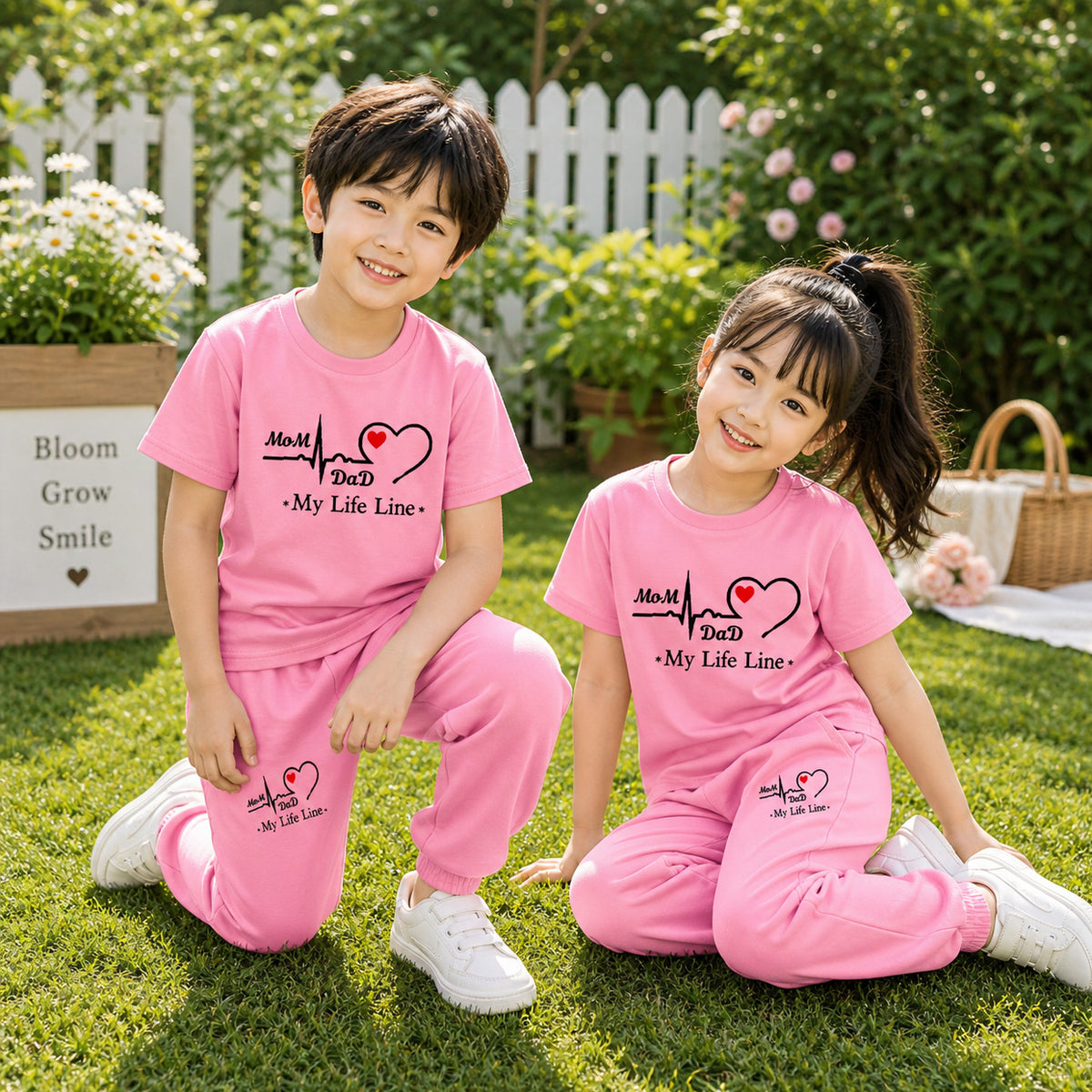 Pink I Love D+M Kids Trouser Pintex Style 2-Pcs Summer Suit. (HTS+TR)