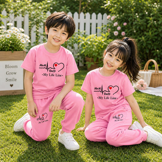 Pink I Love D+M Kids Trouser Pintex Style 2-Pcs Summer Suit. (HTS+TR)