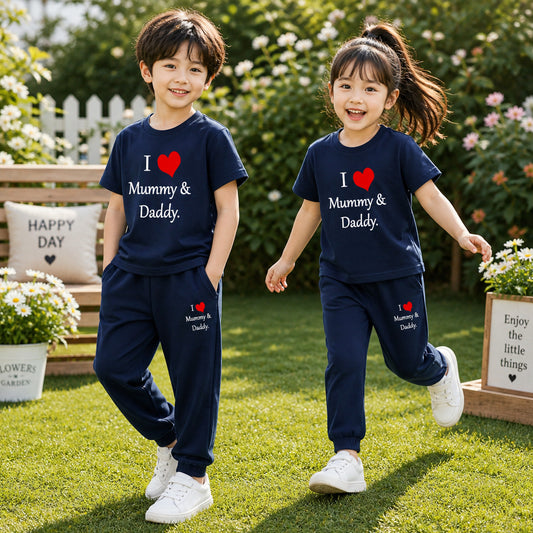 Blue I Love D+M Kids Trouser Pintex Style 2-Pcs Summer Suit. (HTS+TR)