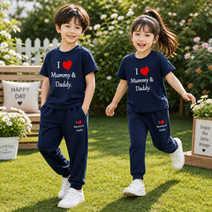 Blue I Love D+M Kids Trouser Pintex Style 2-Pcs Summer Suit. (HTS+TR)