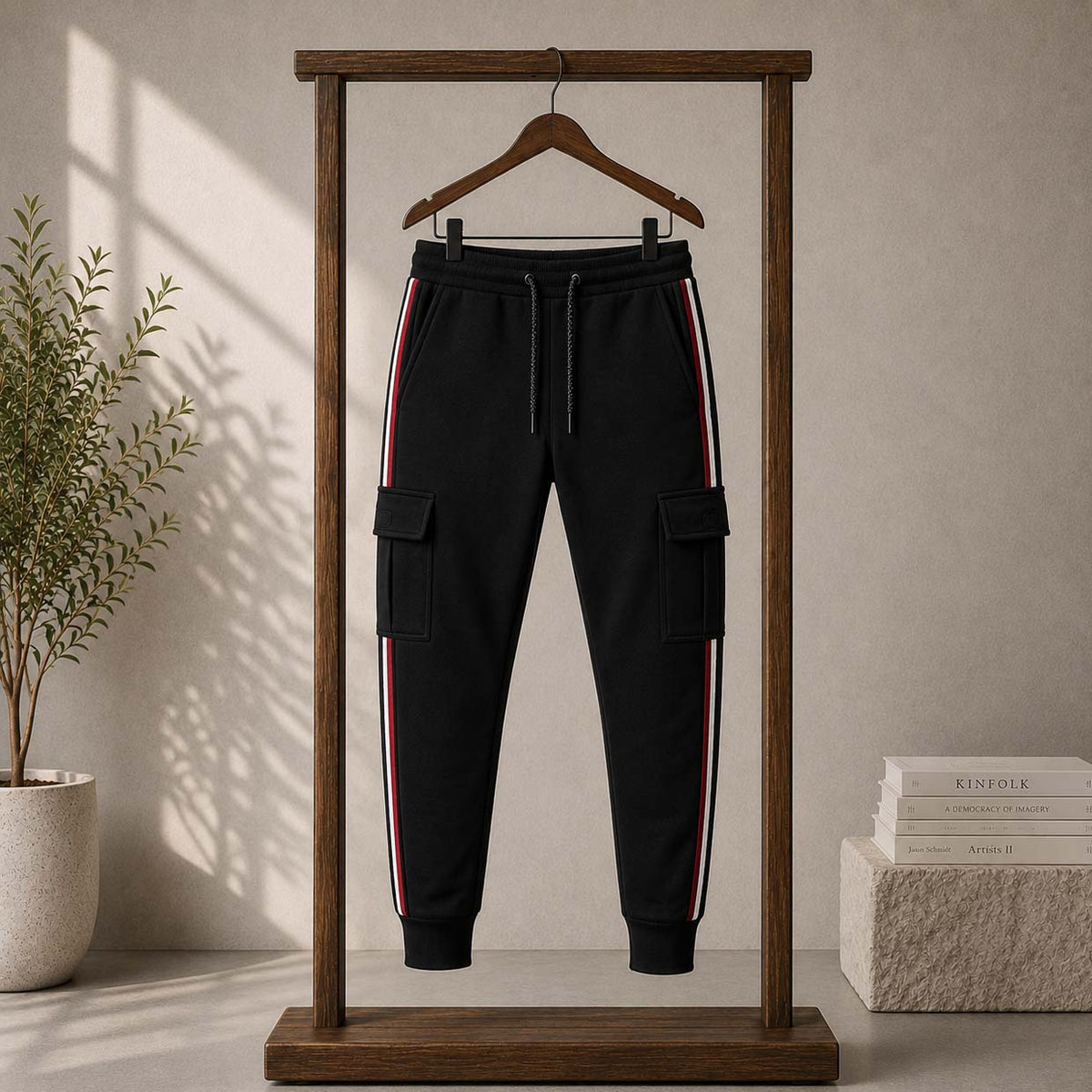 Black T-Stripe Cargo Style 4-Pocket's Summer Trouser. D2