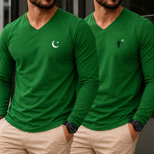 Bundle Of 2 Green Different Logo Printed V-Neck Full Sleeve Azadi Tshirt.