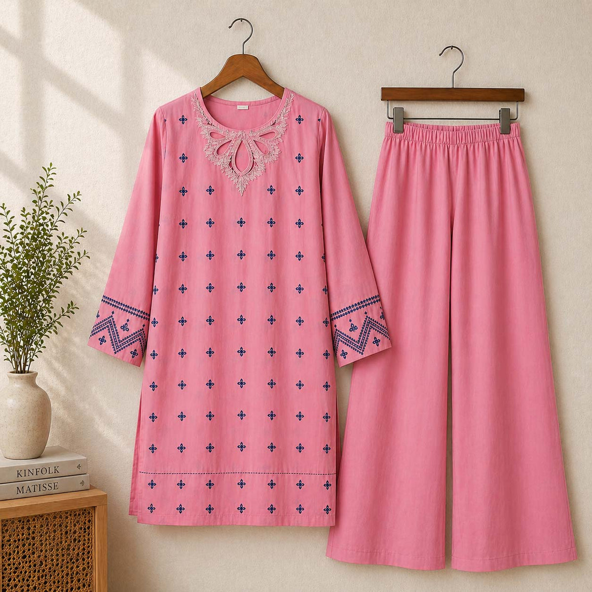 Trendy Neck Peach Contrast Thread Embroidery Style Long 2-Pcs Stiched Suit. V3