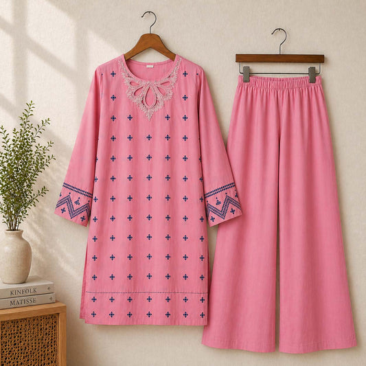 Trendy Neck Peach Contrast Thread Embroidery Style Long 2-Pcs Stiched Suit. V3