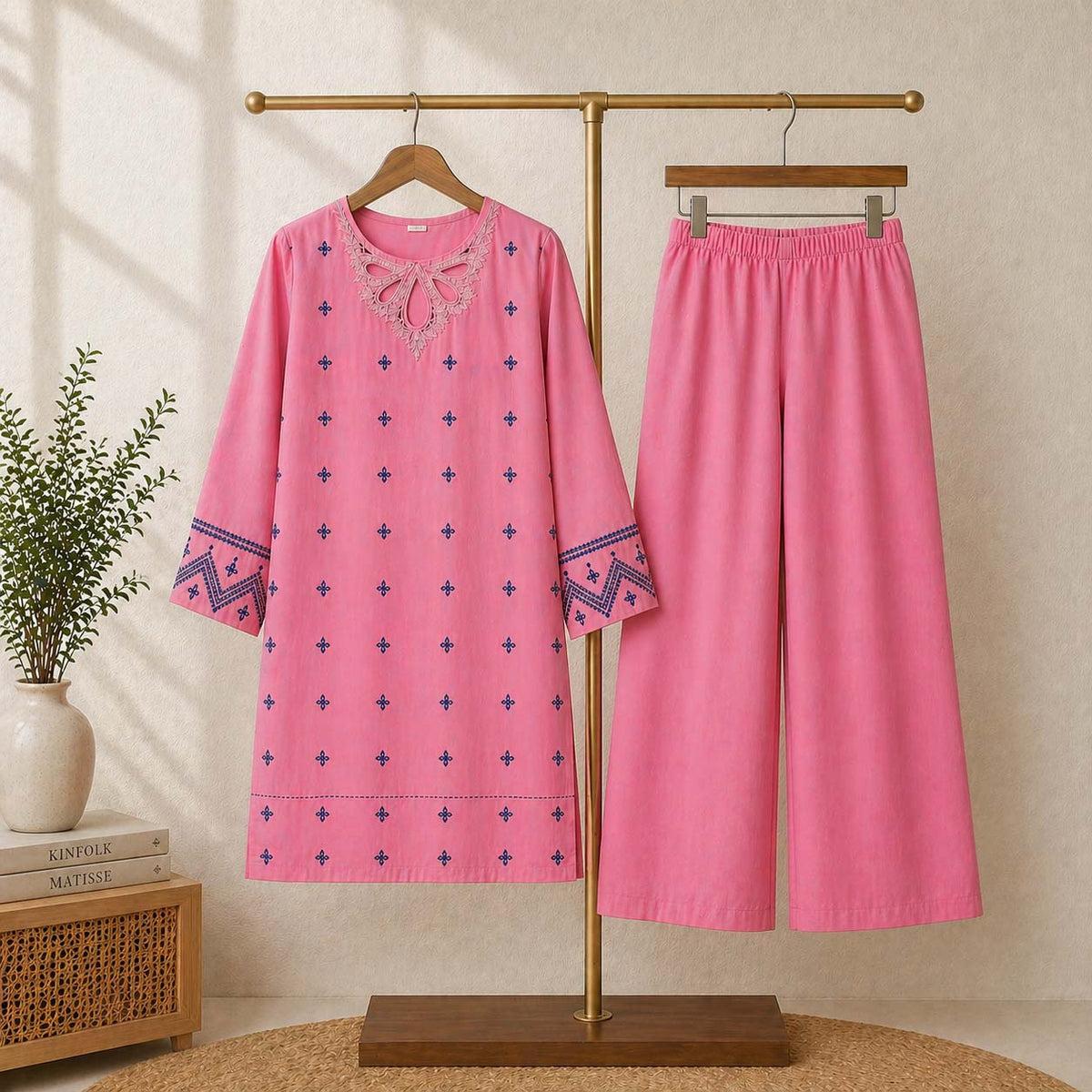 Trendy Neck Peach Contrast Thread Embroidery Style Long 2-Pcs Stiched Suit. V2
