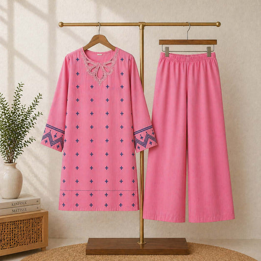 Trendy Neck Peach Contrast Thread Embroidery Style Long 2-Pcs Stiched Suit. V2
