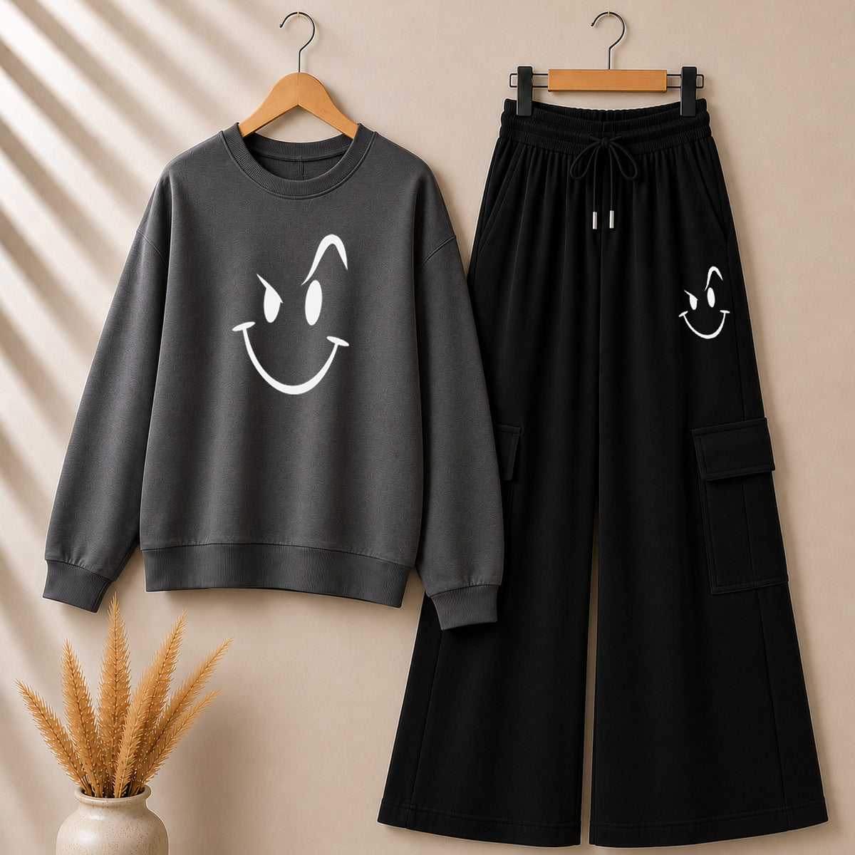 Charcoal-Grey Smiley Printed Sweat Style Tshirt & Cargo Trouser 2-Pcs Summer Tracksuit. D-7