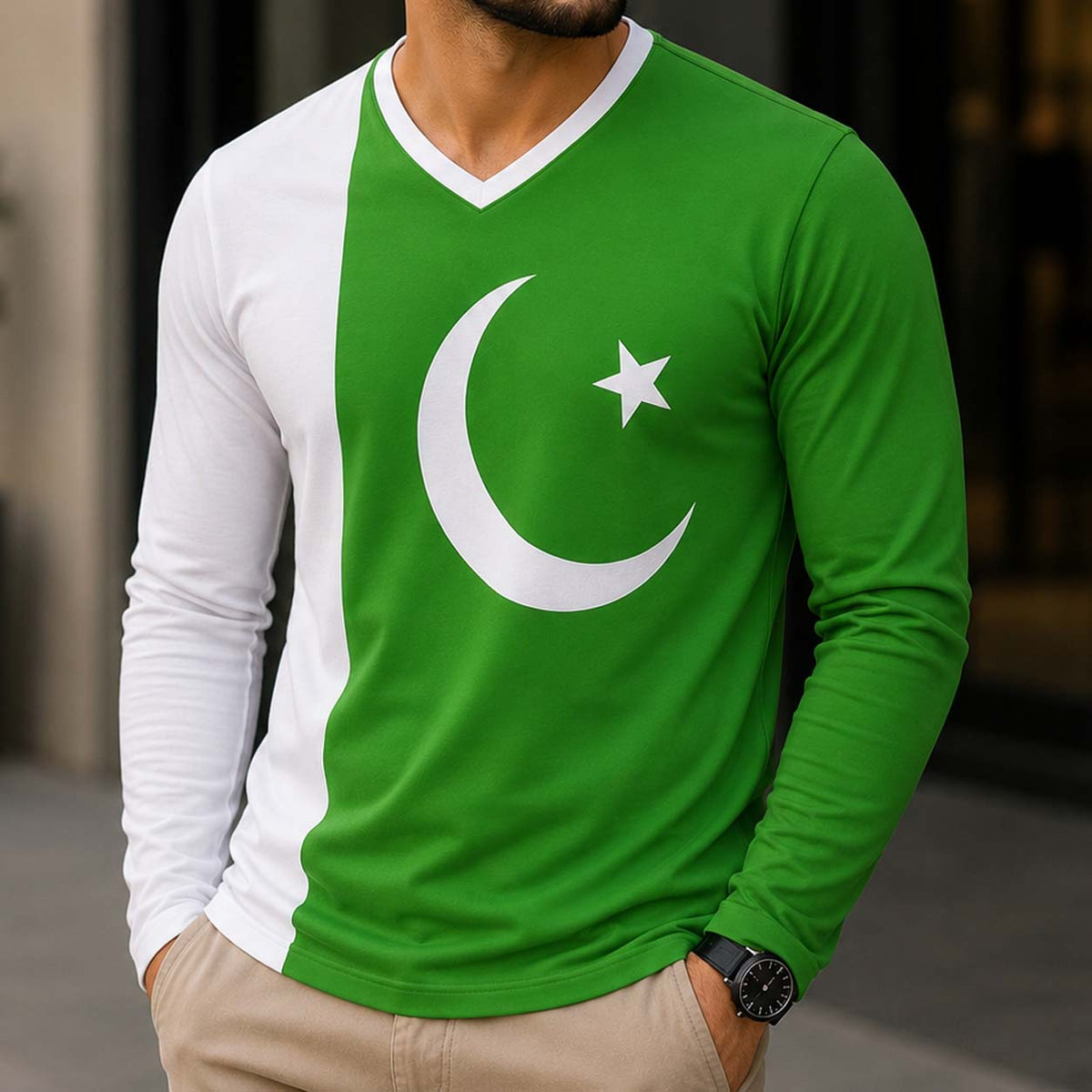 Side Panel Flag Style V-Neck Full Sleeve Azadi Tshirt. D-37