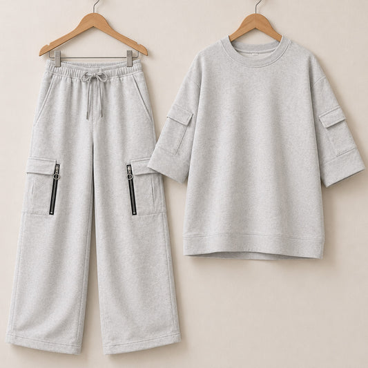Drop-Shoulder 6-Pocket Cargo Zipper Style Western 2-Pcs Summer Tracksuit For Her. WSTS-07 V3