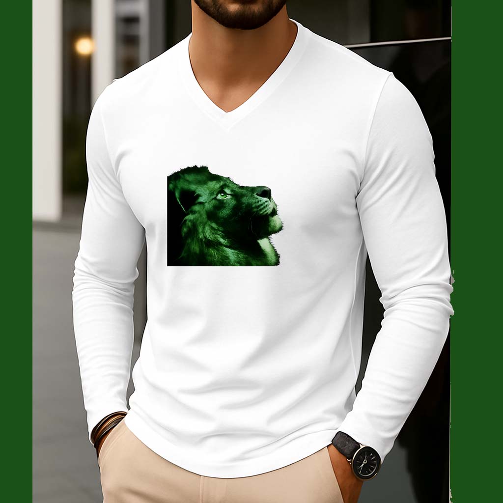 White Lion Printed V-Neck Full Sleeve Azadi Tshirt. D-48