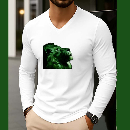 White Lion Printed V-Neck Full Sleeve Azadi Tshirt. D-48
