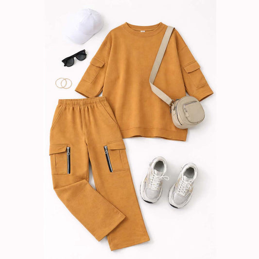 Drop-Shoulder 6-Pocket Cargo Zipper Style Western 2-Pcs Summer Tracksuit For Her. WSTS-07 V2
