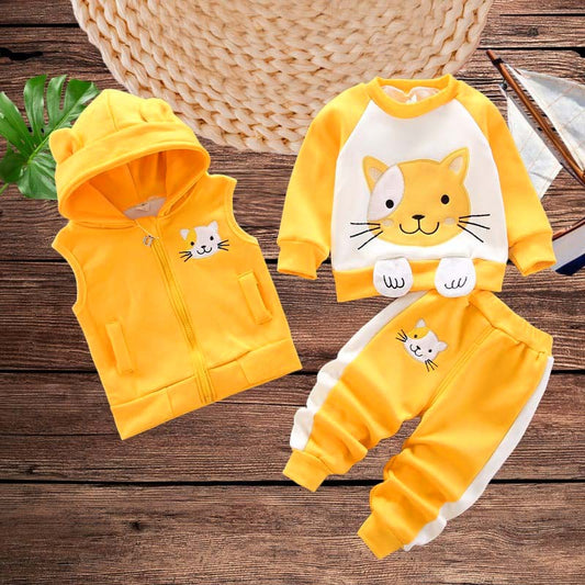 Yellow Kitty Printed 3-Pcs Winter Track-Suit For Kid's. K3PWTS-01