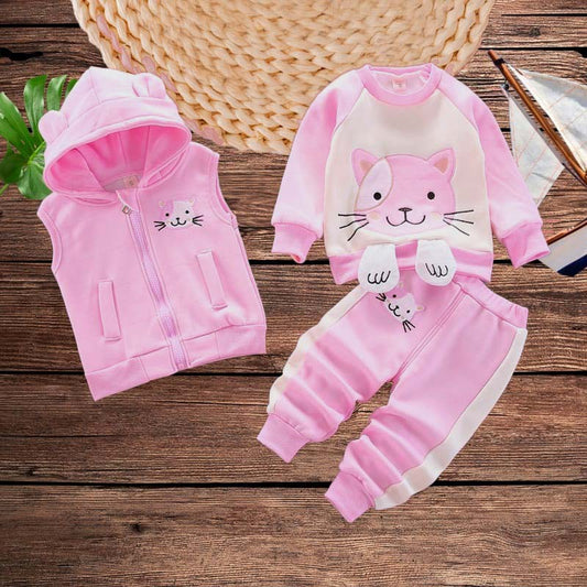 Pink Kitty Printed 3-Pcs Winter Track-Suit For Kid's. K3PWTS-01