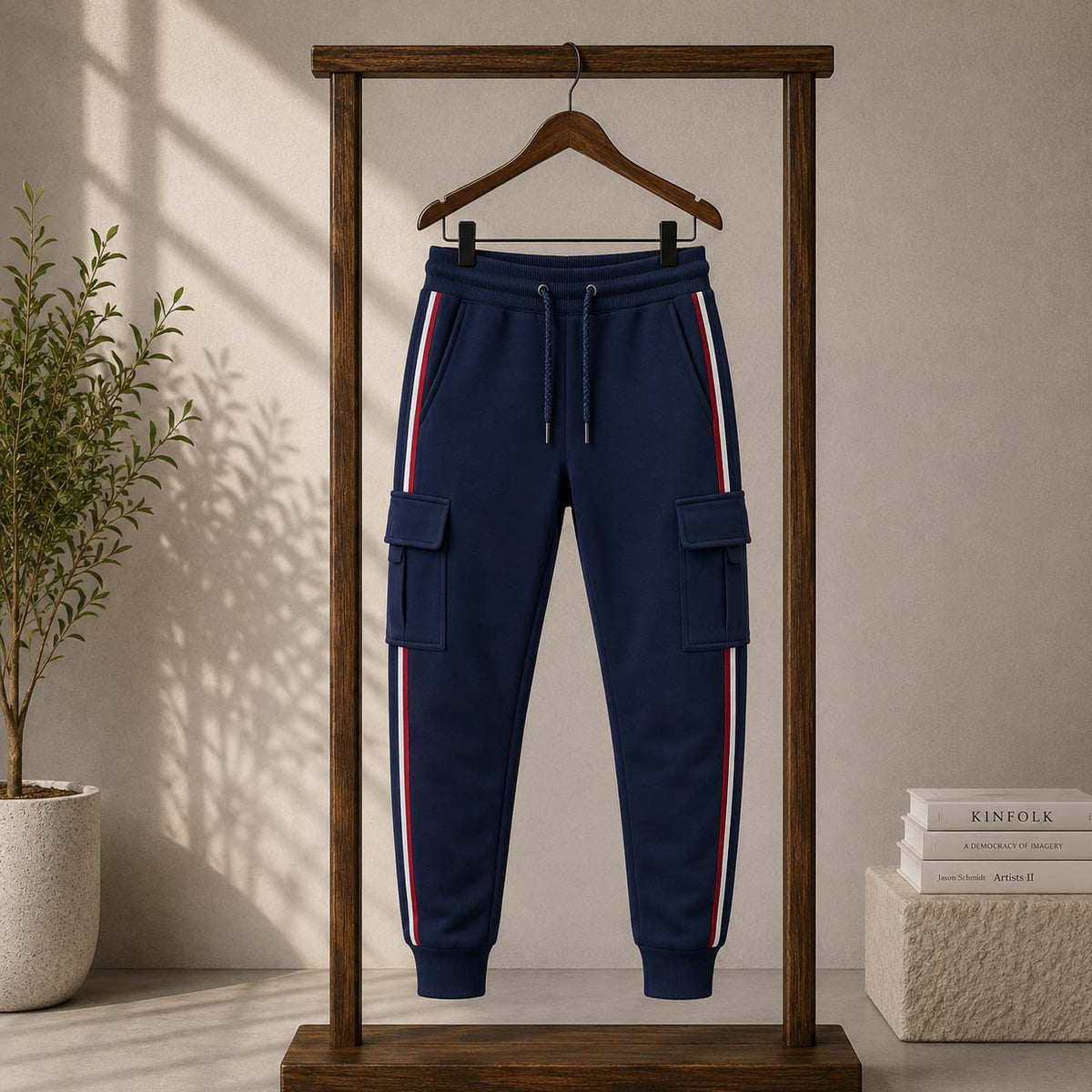 Navy-Blue T-Stripe Cargo Style 4-Pocket's Summer Trouser. D2